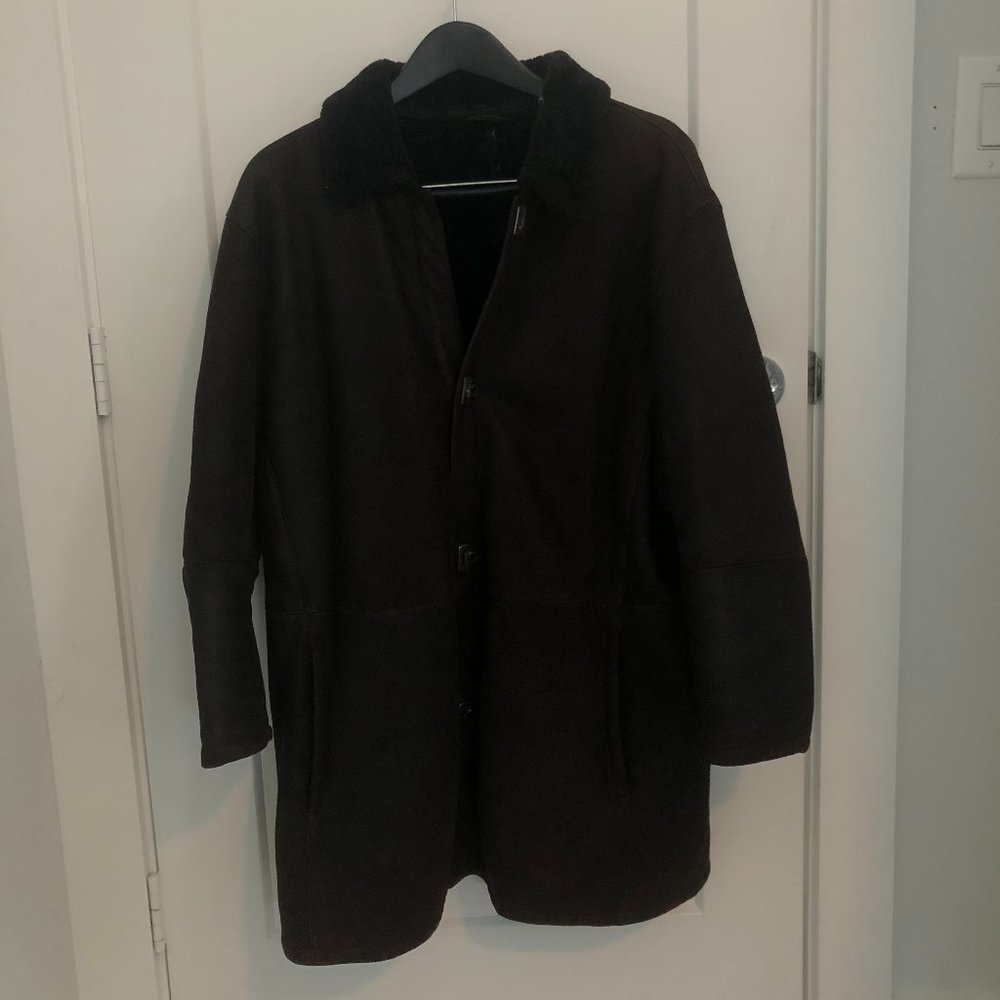 shearling-collar leather car coat brown
